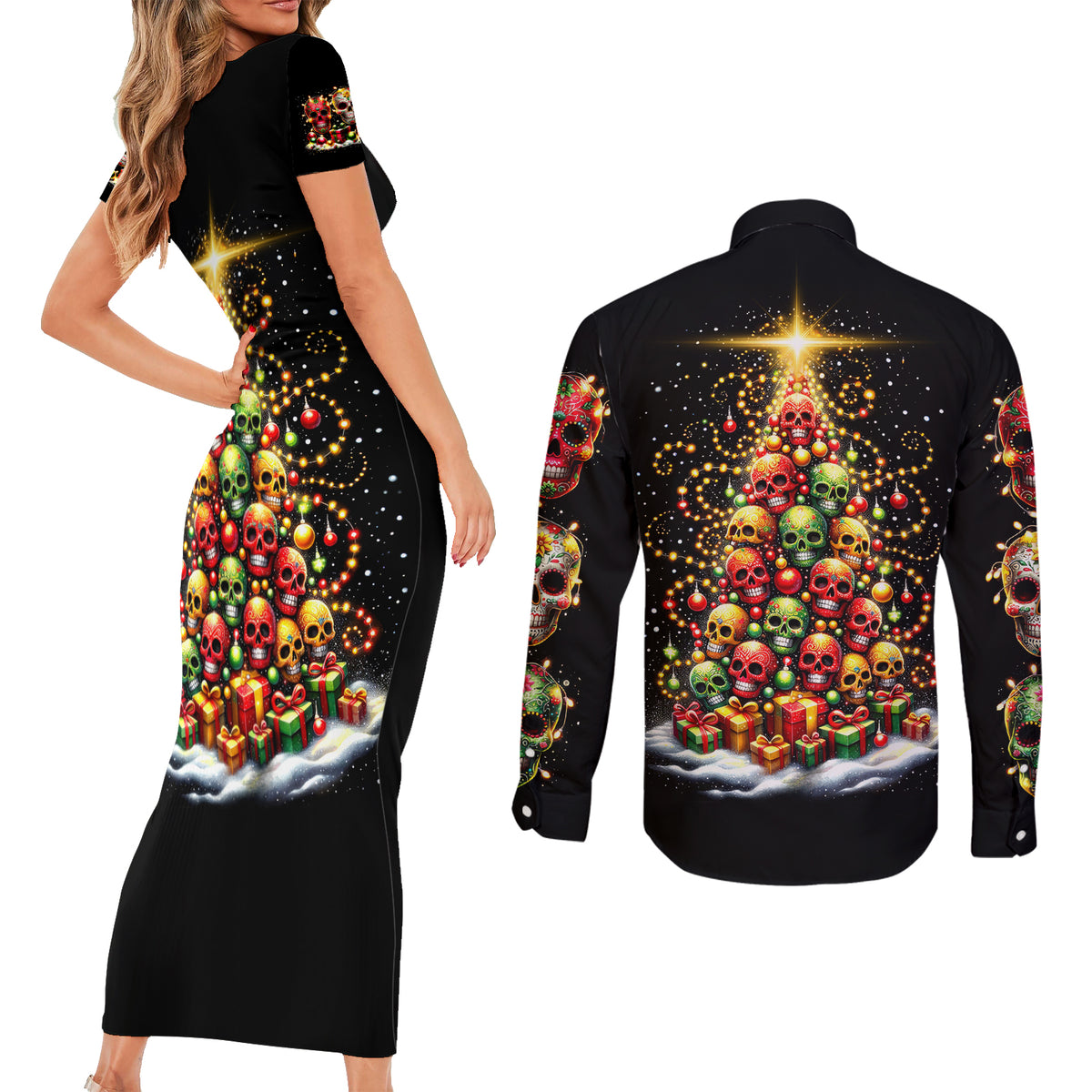 Christmas Sugar Skull Couples Matching Short Sleeve Bodycon Dress and Long Sleeve Button Shirt Christmas Tree Sugar Skull - Wonder Print Shop
