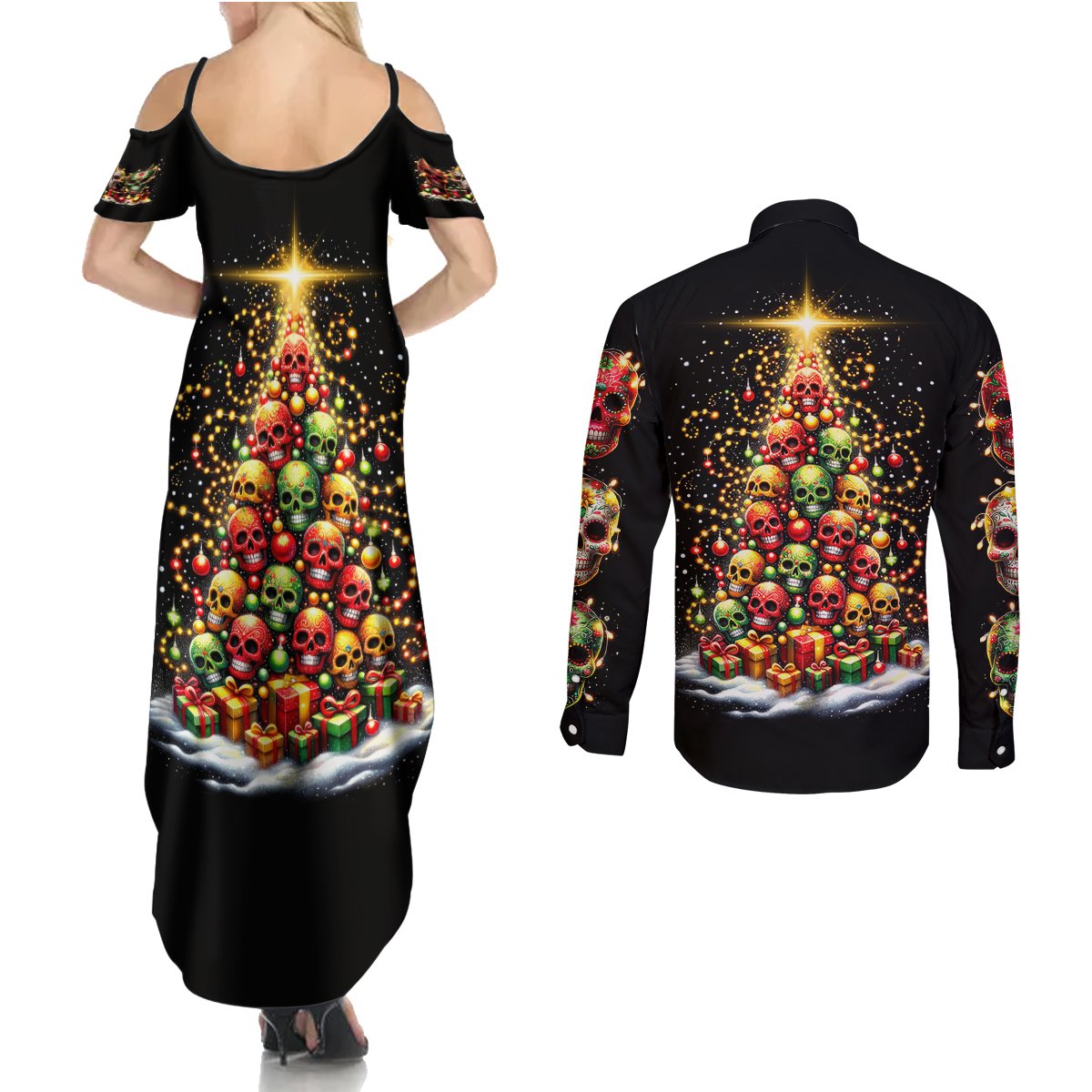 Christmas Sugar Skull Couples Matching Summer Maxi Dress and Long Sleeve Button Shirt Christmas Tree Sugar Skull - Wonder Print Shop