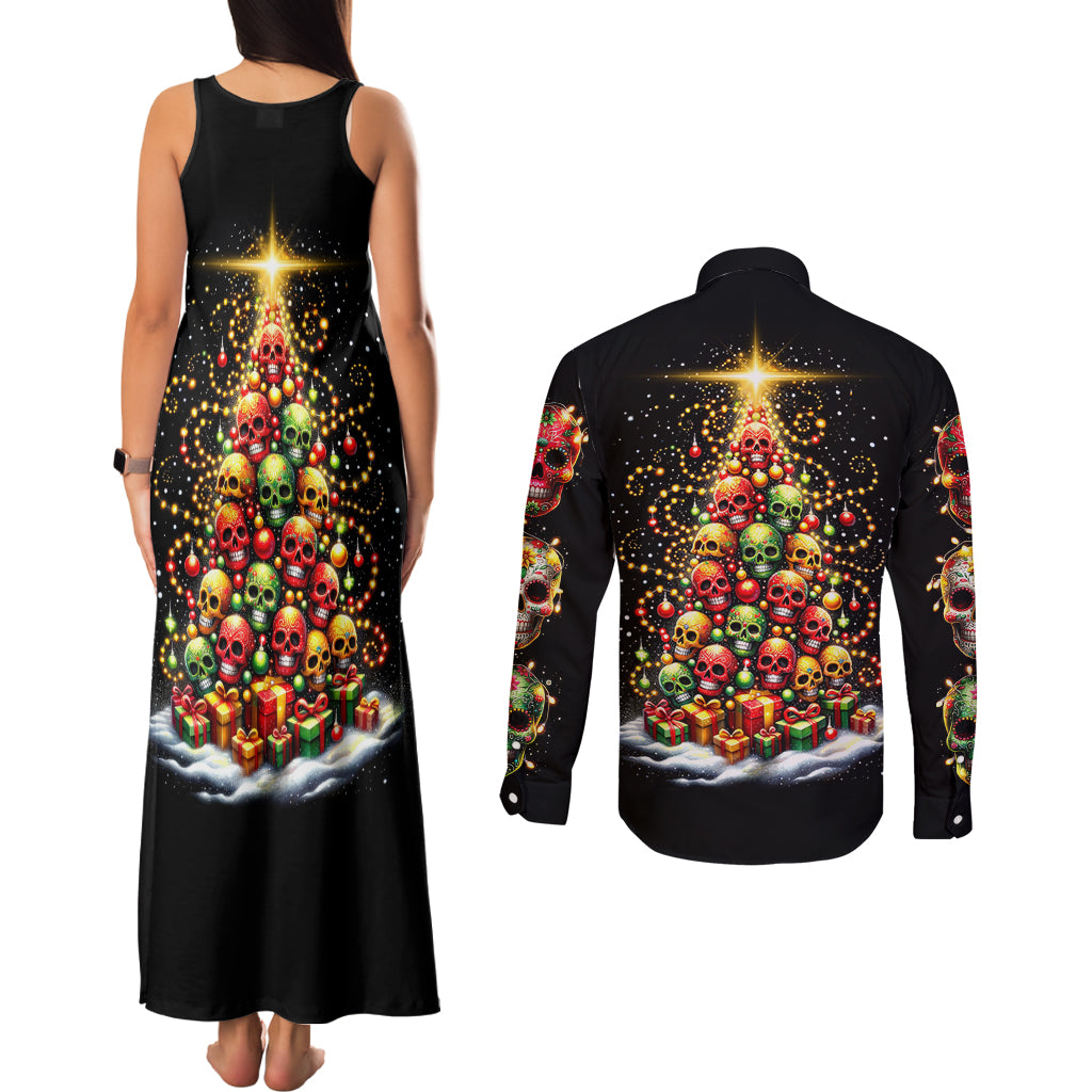 Christmas Sugar Skull Couples Matching Tank Maxi Dress and Long Sleeve Button Shirt Christmas Tree Sugar Skull - Wonder Print Shop
