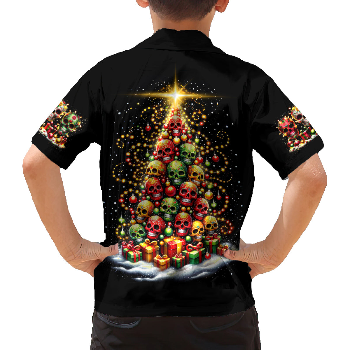 Christmas Sugar Skull Family Matching Long Sleeve Bodycon Dress and Hawaiian Shirt Christmas Tree Sugar Skull - Wonder Print Shop