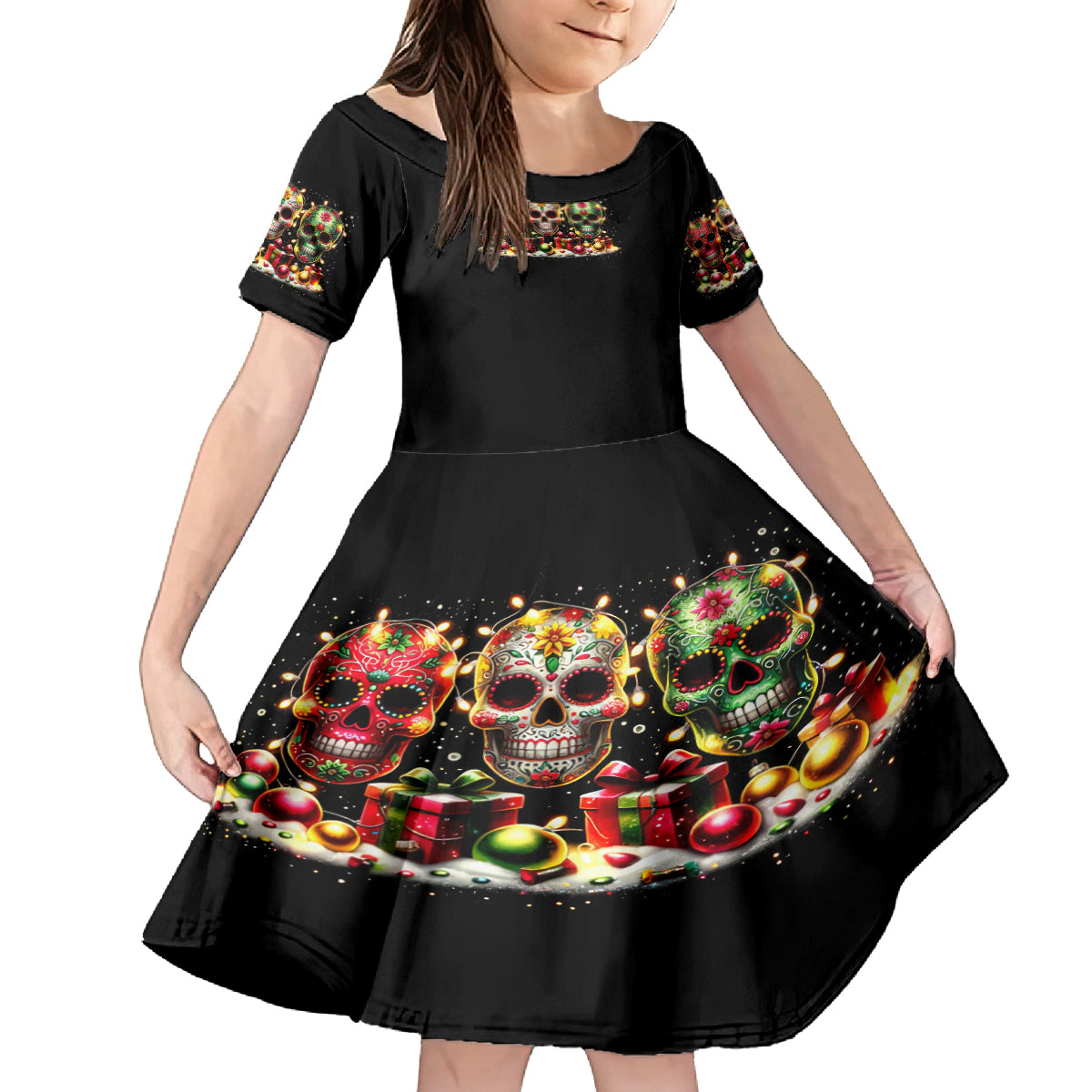 Christmas Sugar Skull Family Matching Long Sleeve Bodycon Dress and Hawaiian Shirt Christmas Tree Sugar Skull - Wonder Print Shop