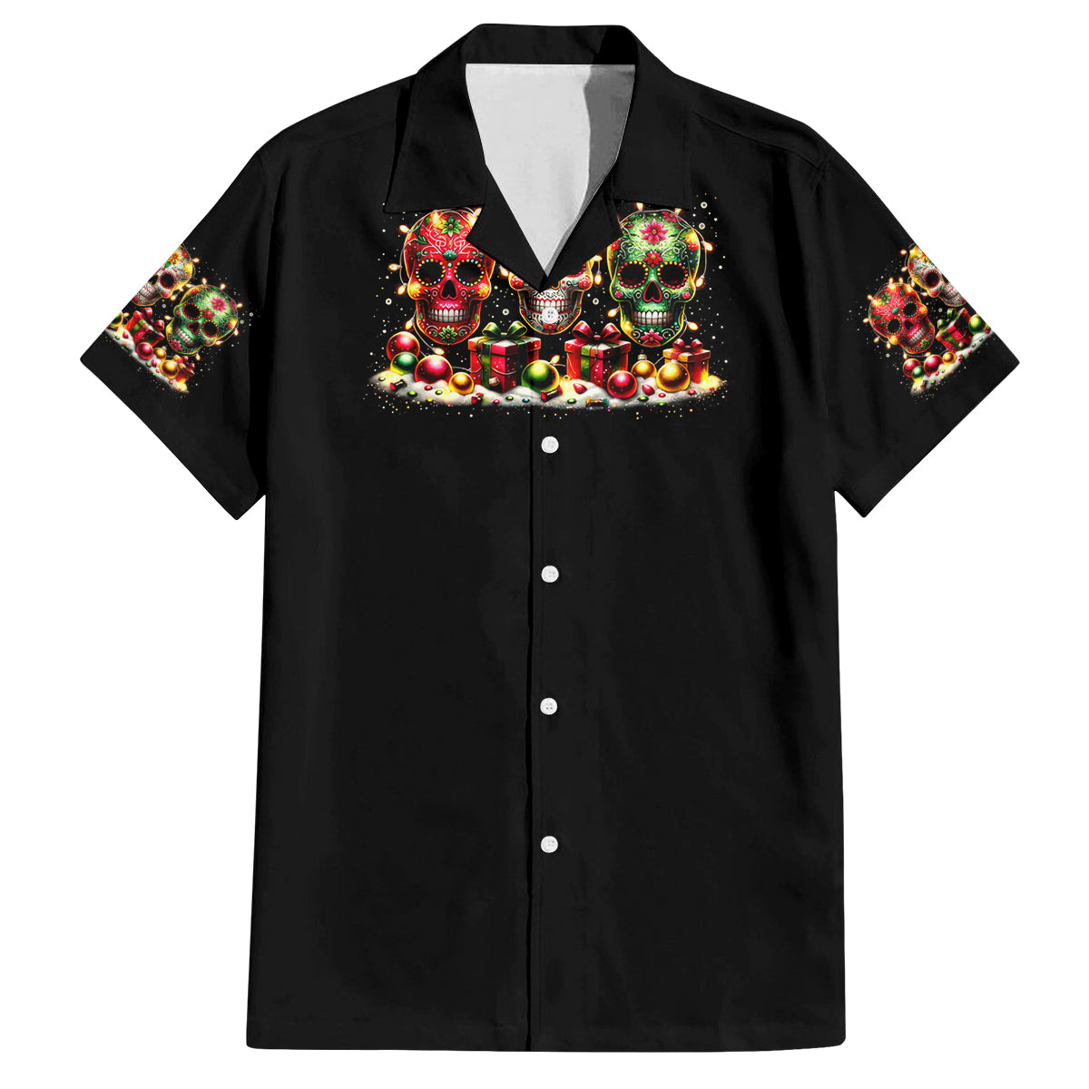 Christmas Sugar Skull Family Matching Long Sleeve Bodycon Dress and Hawaiian Shirt Christmas Tree Sugar Skull - Wonder Print Shop