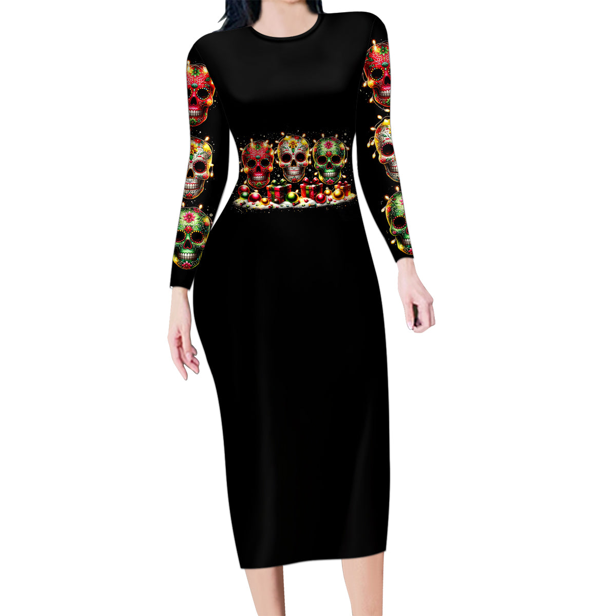 Christmas Sugar Skull Family Matching Long Sleeve Bodycon Dress and Hawaiian Shirt Christmas Tree Sugar Skull - Wonder Print Shop
