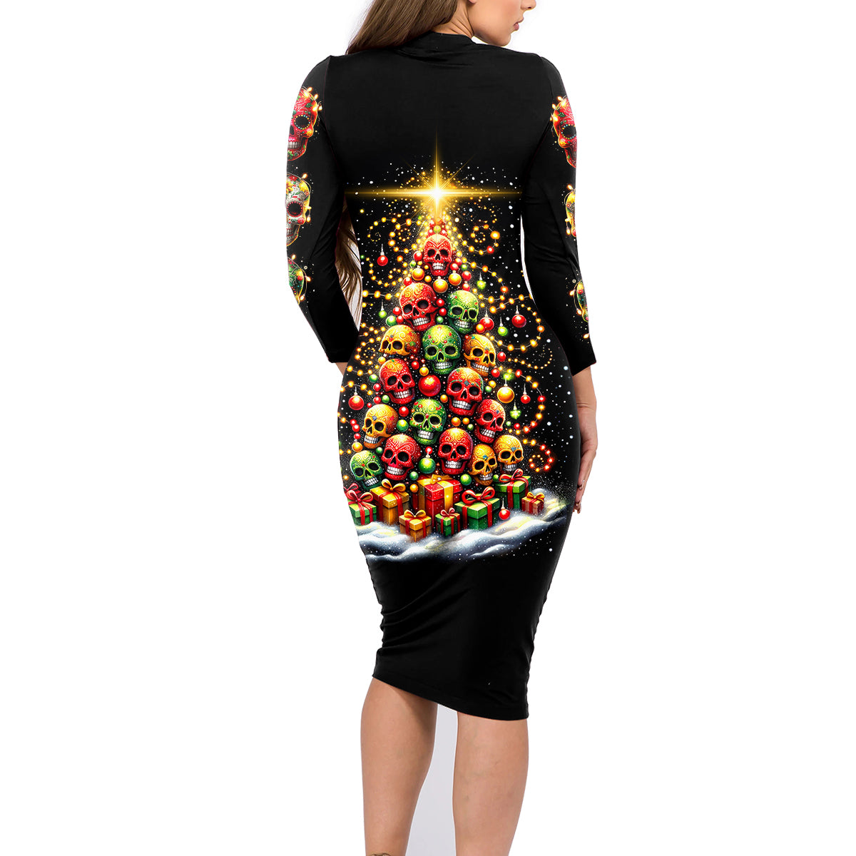 Christmas Sugar Skull Family Matching Long Sleeve Bodycon Dress and Hawaiian Shirt Christmas Tree Sugar Skull - Wonder Print Shop
