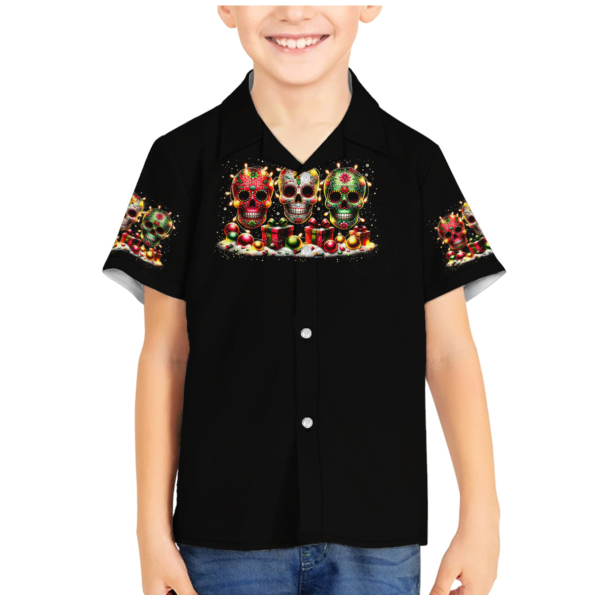 Christmas Sugar Skull Family Matching Mermaid Dress and Hawaiian Shirt Christmas Tree Sugar Skull - Wonder Print Shop