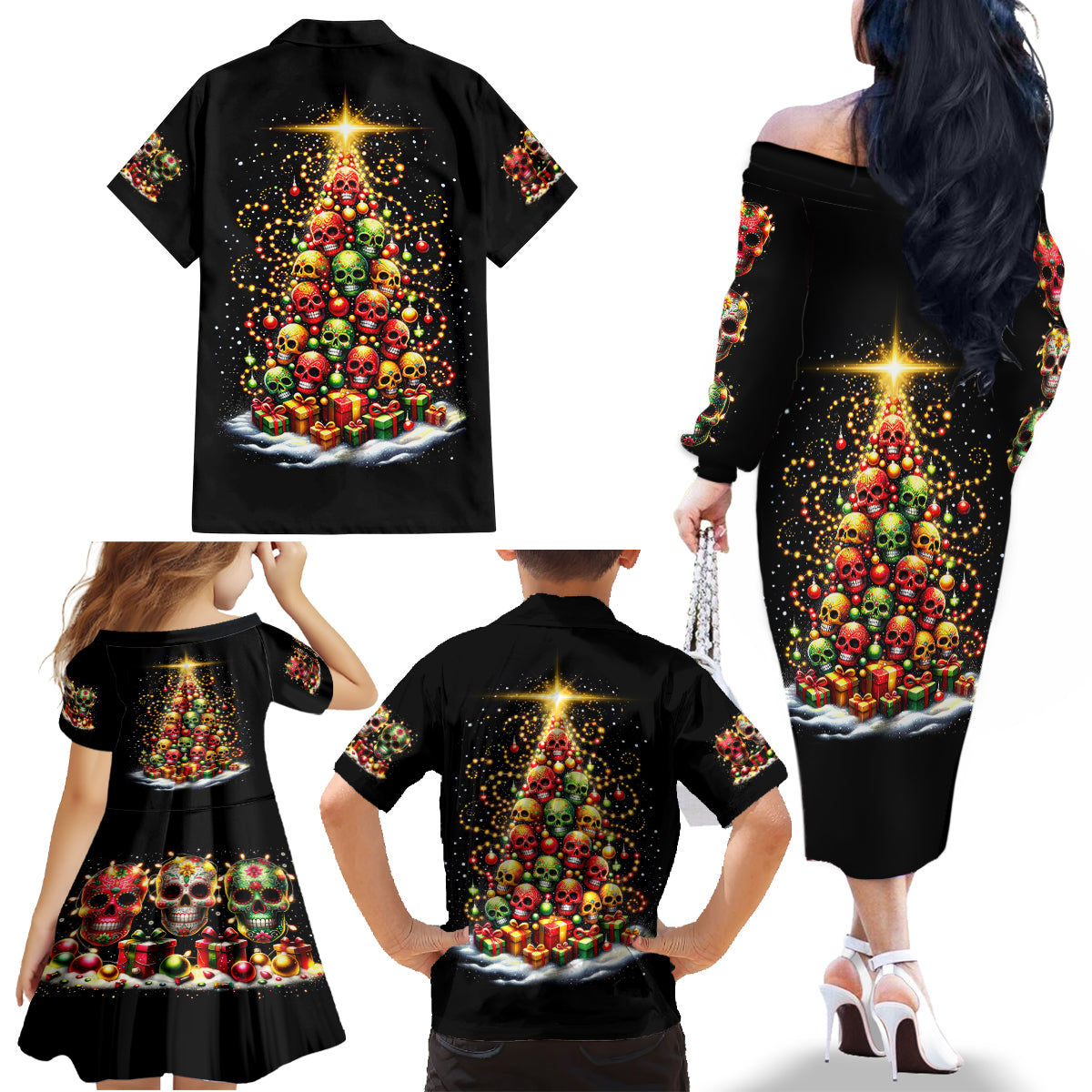 Christmas Sugar Skull Family Matching Off Shoulder Long Sleeve Dress and Hawaiian Shirt Christmas Tree Sugar Skull - Wonder Print Shop