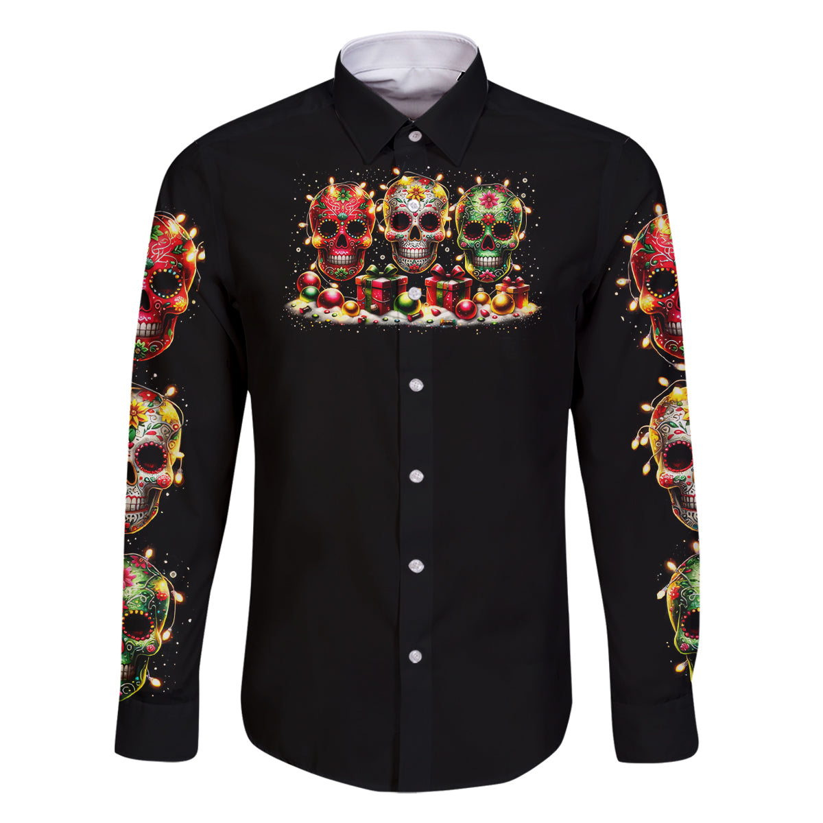 Christmas Sugar Skull Family Matching Off Shoulder Long Sleeve Dress and Hawaiian Shirt Christmas Tree Sugar Skull - Wonder Print Shop