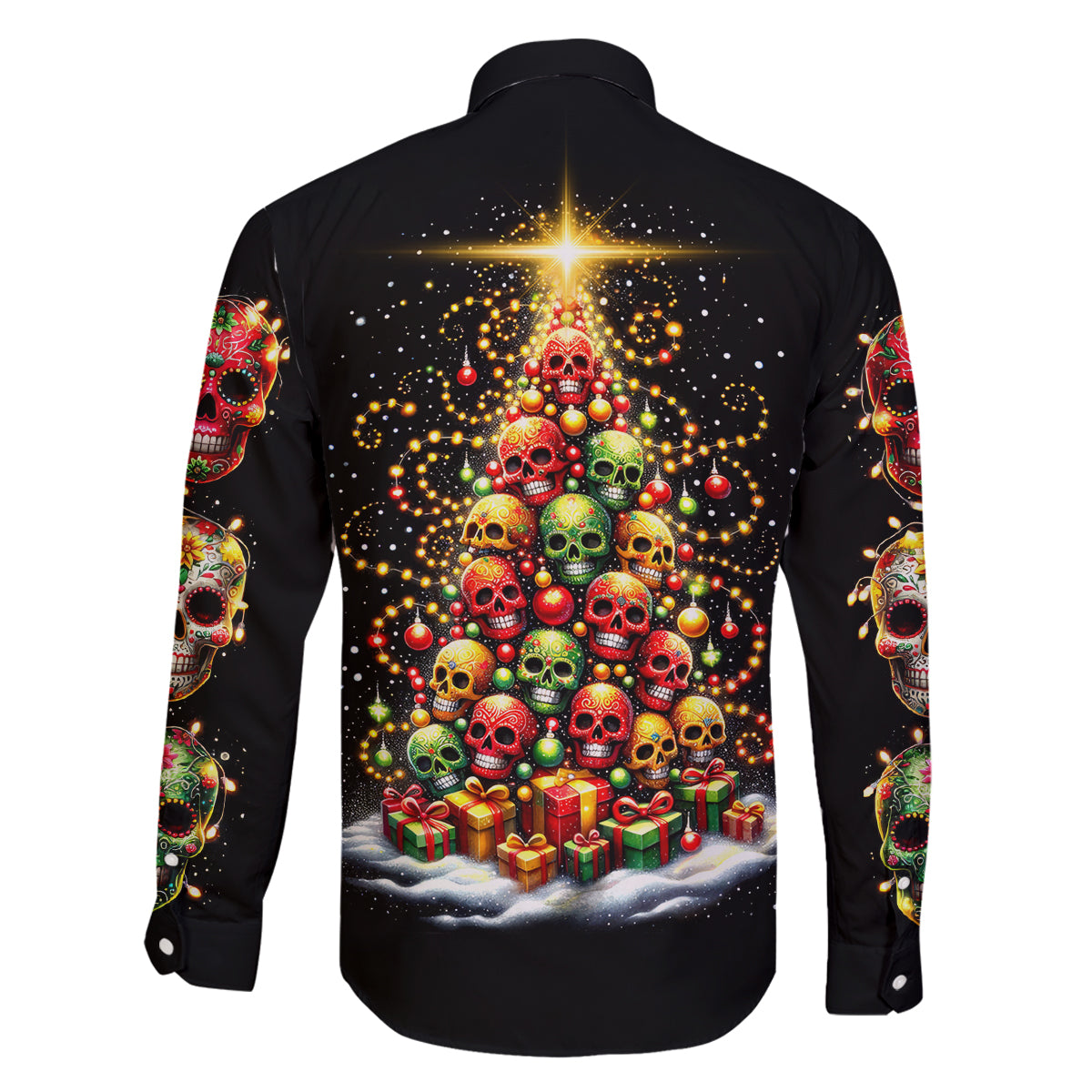 Christmas Sugar Skull Family Matching Off Shoulder Long Sleeve Dress and Hawaiian Shirt Christmas Tree Sugar Skull - Wonder Print Shop
