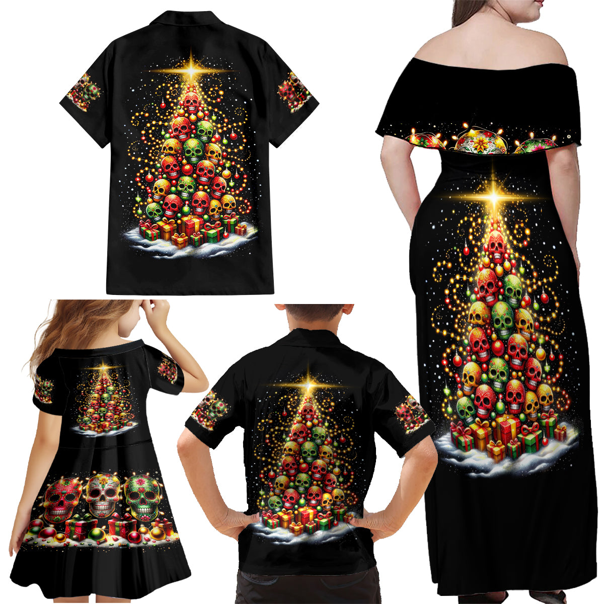 Christmas Sugar Skull Family Matching Off Shoulder Maxi Dress and Hawaiian Shirt Christmas Tree Sugar Skull - Wonder Print Shop