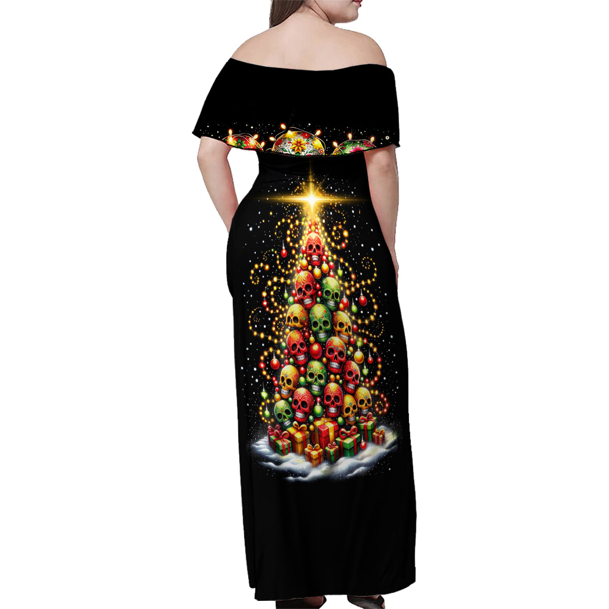 Christmas Sugar Skull Family Matching Off Shoulder Maxi Dress and Hawaiian Shirt Christmas Tree Sugar Skull - Wonder Print Shop