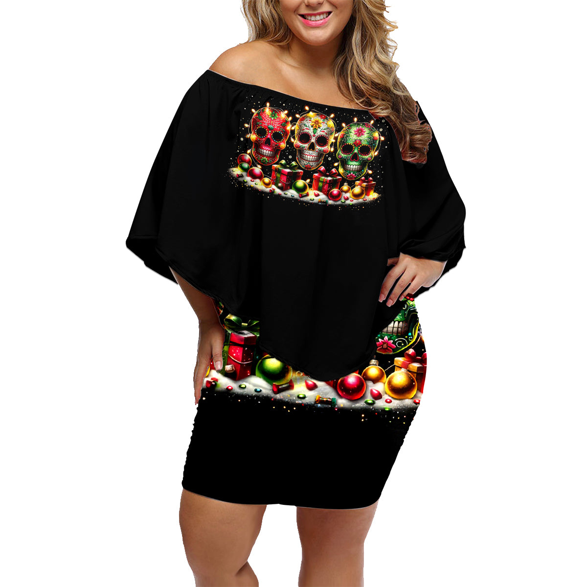 Christmas Sugar Skull Family Matching Off Shoulder Short Dress and Hawaiian Shirt Christmas Tree Sugar Skull - Wonder Print Shop