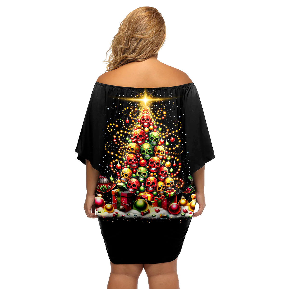 Christmas Sugar Skull Family Matching Off Shoulder Short Dress and Hawaiian Shirt Christmas Tree Sugar Skull - Wonder Print Shop