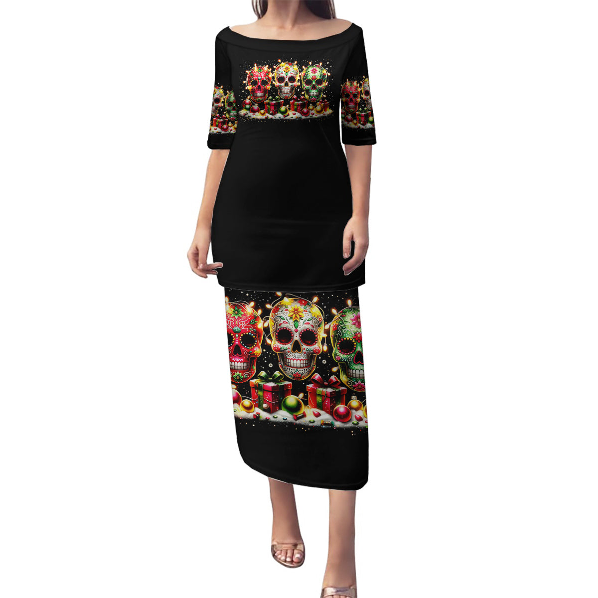 Christmas Sugar Skull Family Matching Puletasi Dress and Hawaiian Shirt Christmas Tree Sugar Skull - Wonder Print Shop