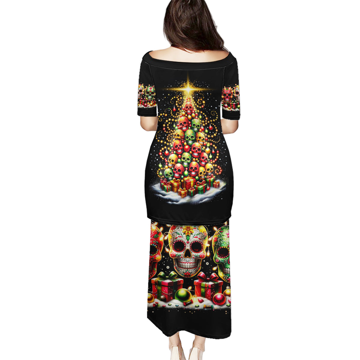 Christmas Sugar Skull Family Matching Puletasi Dress and Hawaiian Shirt Christmas Tree Sugar Skull - Wonder Print Shop