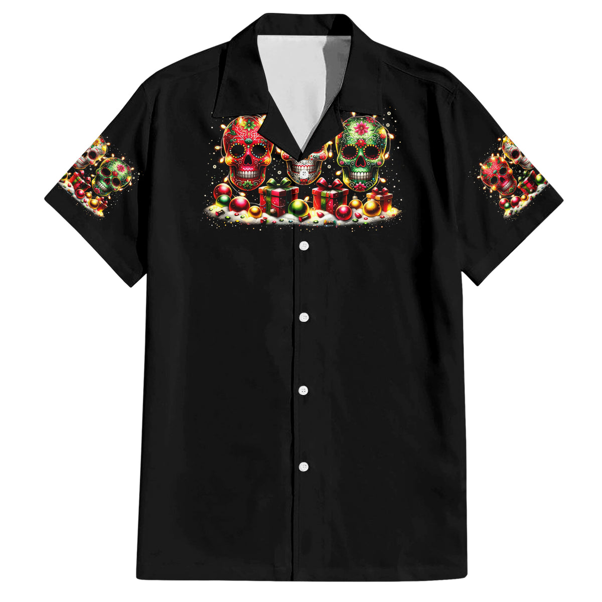 Christmas Sugar Skull Family Matching Short Sleeve Bodycon Dress and Hawaiian Shirt Christmas Tree Sugar Skull - Wonder Print Shop