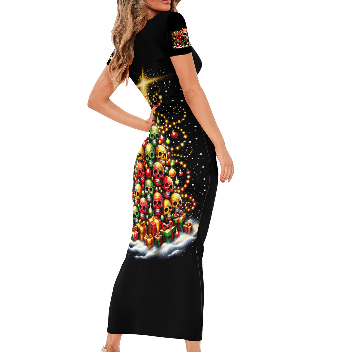 Christmas Sugar Skull Family Matching Short Sleeve Bodycon Dress and Hawaiian Shirt Christmas Tree Sugar Skull - Wonder Print Shop