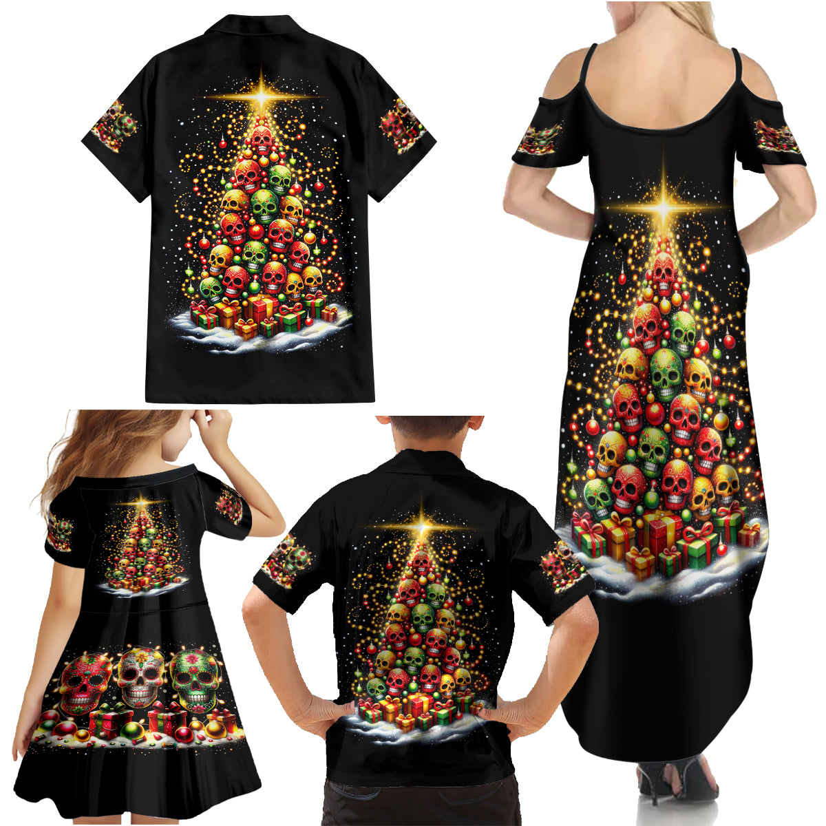 Christmas Sugar Skull Family Matching Summer Maxi Dress and Hawaiian Shirt Christmas Tree Sugar Skull - Wonder Print Shop