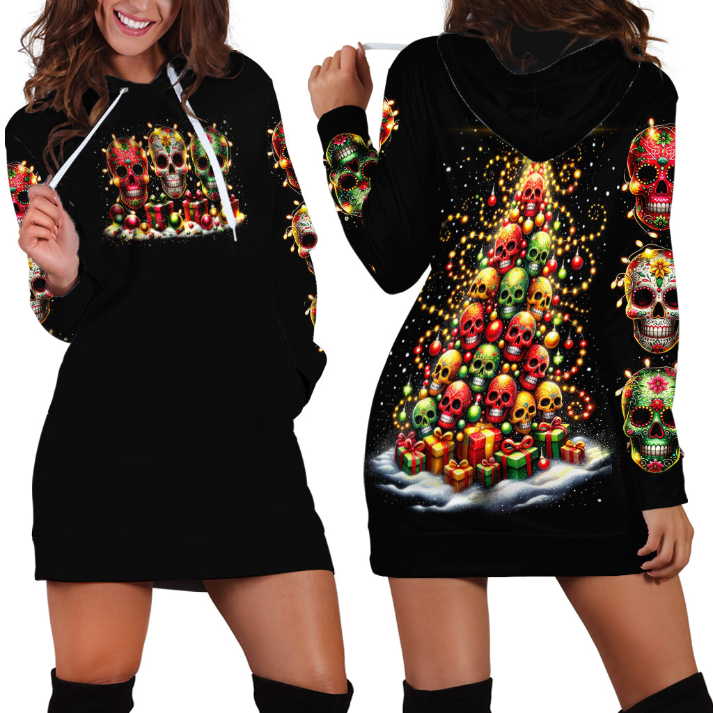 Christmas Sugar Skull Hoodie Dress Christmas Tree Sugar Skull - Wonder Print Shop
