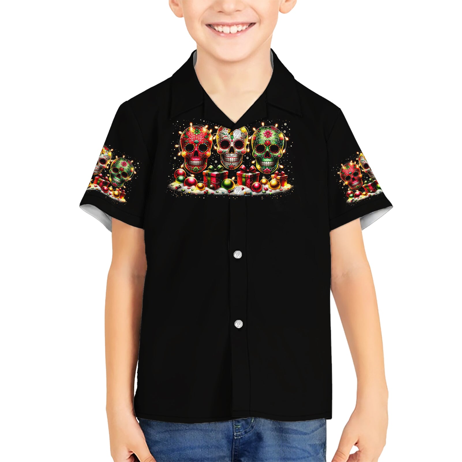 Christmas Sugar Skull Kid Hawaiian Shirt Christmas Tree Sugar Skull - Wonder Print Shop