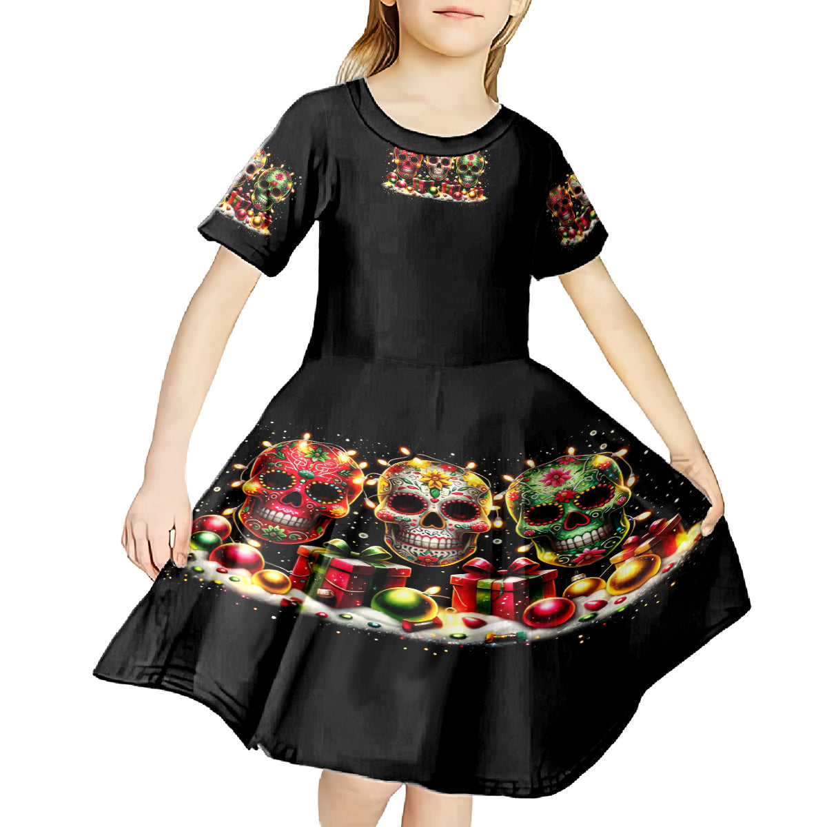 Christmas Sugar Skull Kid Short Sleeve Dress Christmas Tree Sugar Skull - Wonder Print Shop