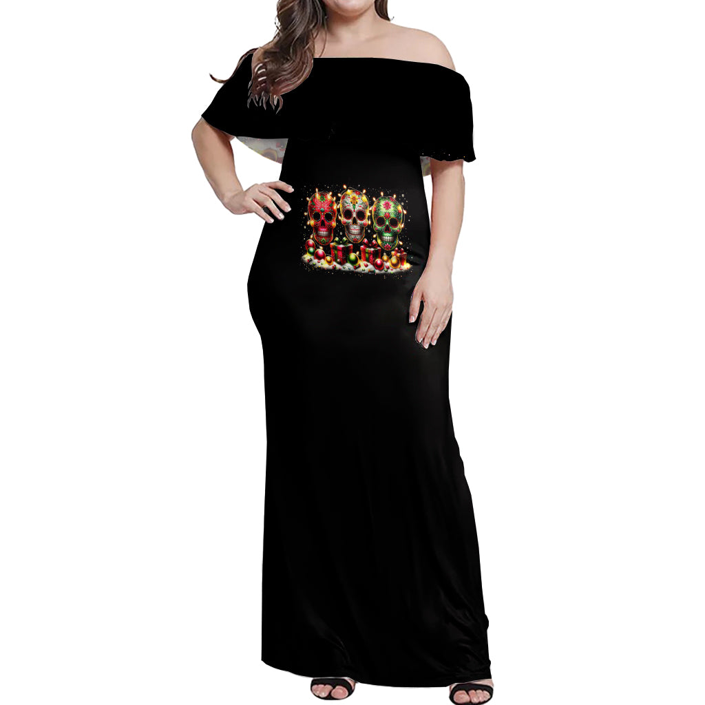 Christmas Sugar Skull Off Shoulder Maxi Dress Christmas Tree Sugar Skull - Wonder Print Shop