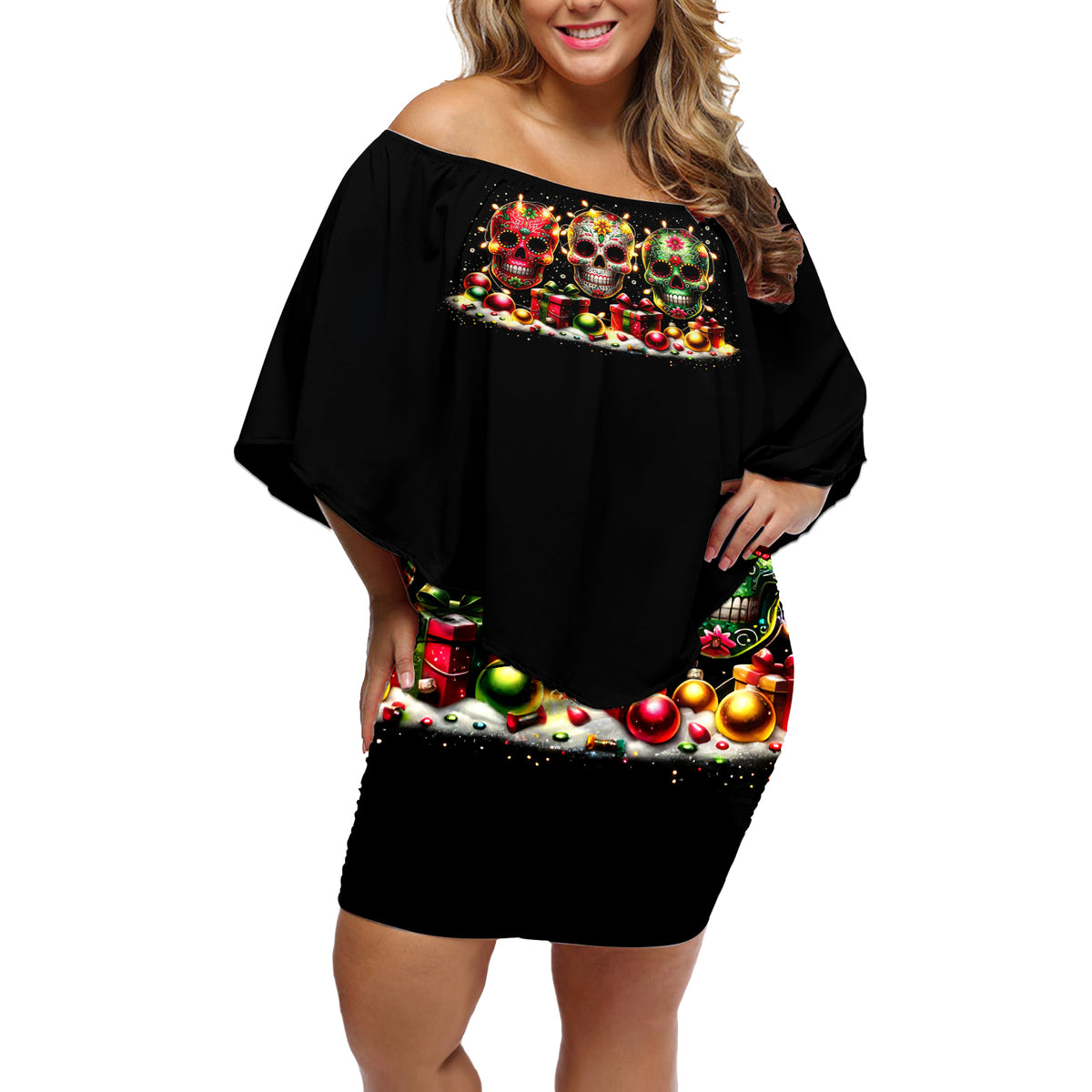 Christmas Sugar Skull Off Shoulder Short Dress Christmas Tree Sugar Skull - Wonder Print Shop