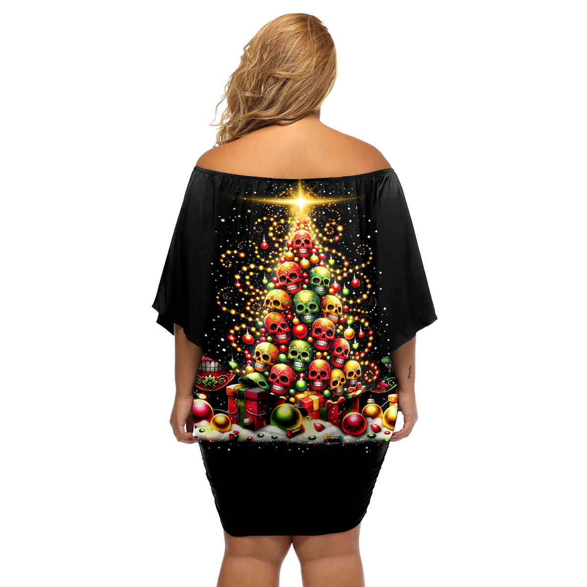 Christmas Sugar Skull Off Shoulder Short Dress Christmas Tree Sugar Skull - Wonder Print Shop