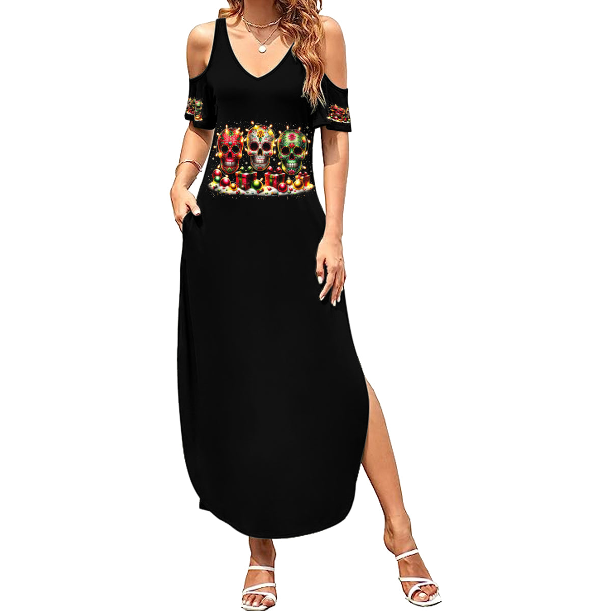 Christmas Sugar Skull Summer Maxi Dress Christmas Tree Sugar Skull - Wonder Print Shop