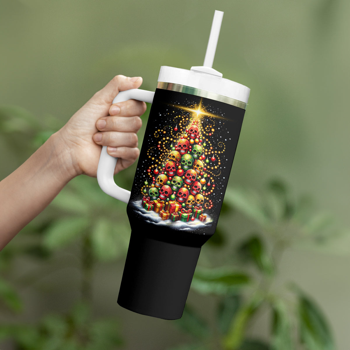 Christmas Sugar Skull Tumbler With Handle Christmas Tree Sugar Skull - Wonder Print Shop