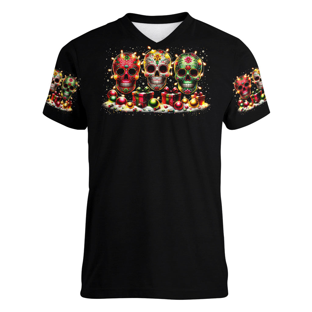 Christmas Sugar Skull Women V Neck T Shirt Christmas Tree Sugar Skull - Wonder Print Shop