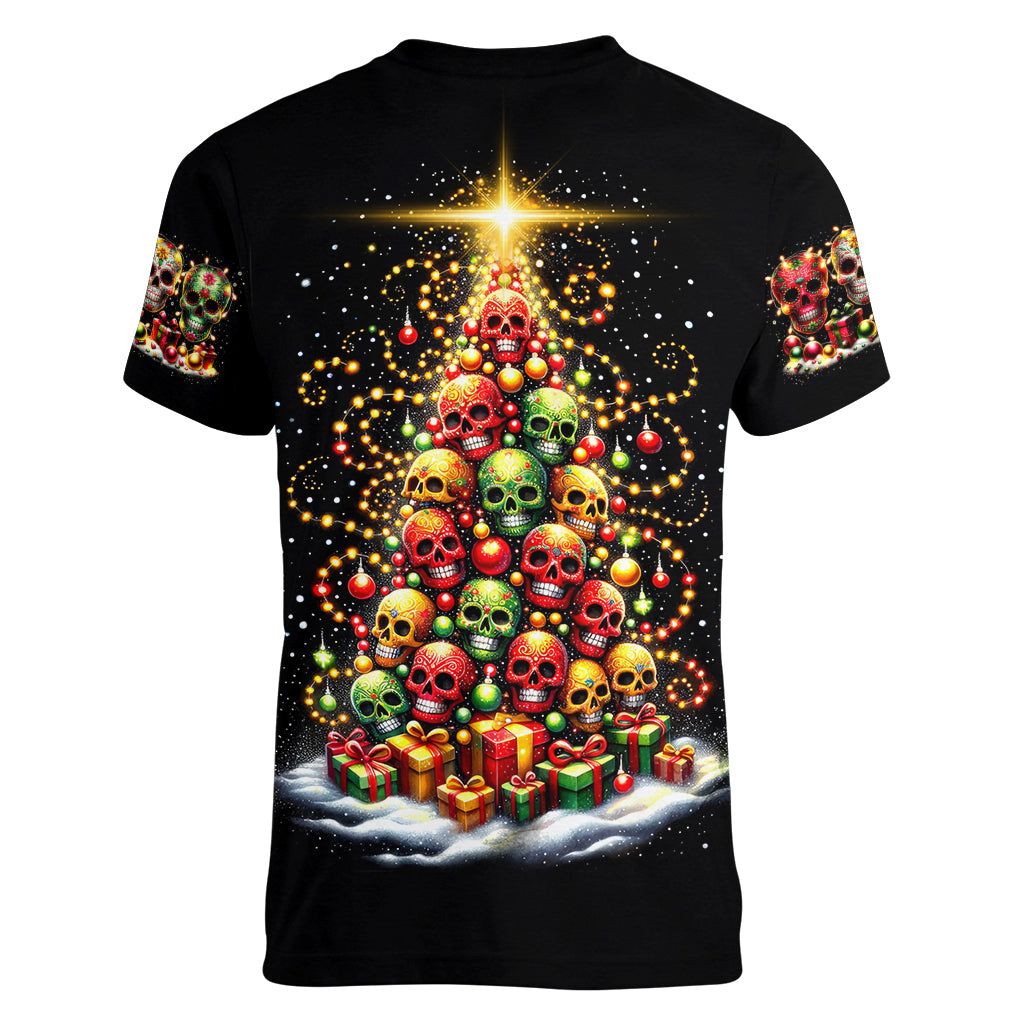 Christmas Sugar Skull Women V Neck T Shirt Christmas Tree Sugar Skull - Wonder Print Shop