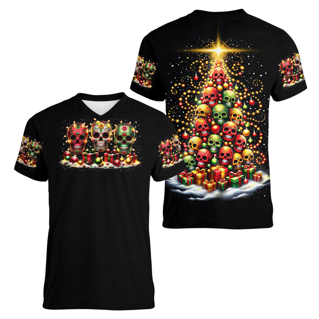 Christmas Sugar Skull Women V Neck T Shirt Christmas Tree Sugar Skull - Wonder Print Shop