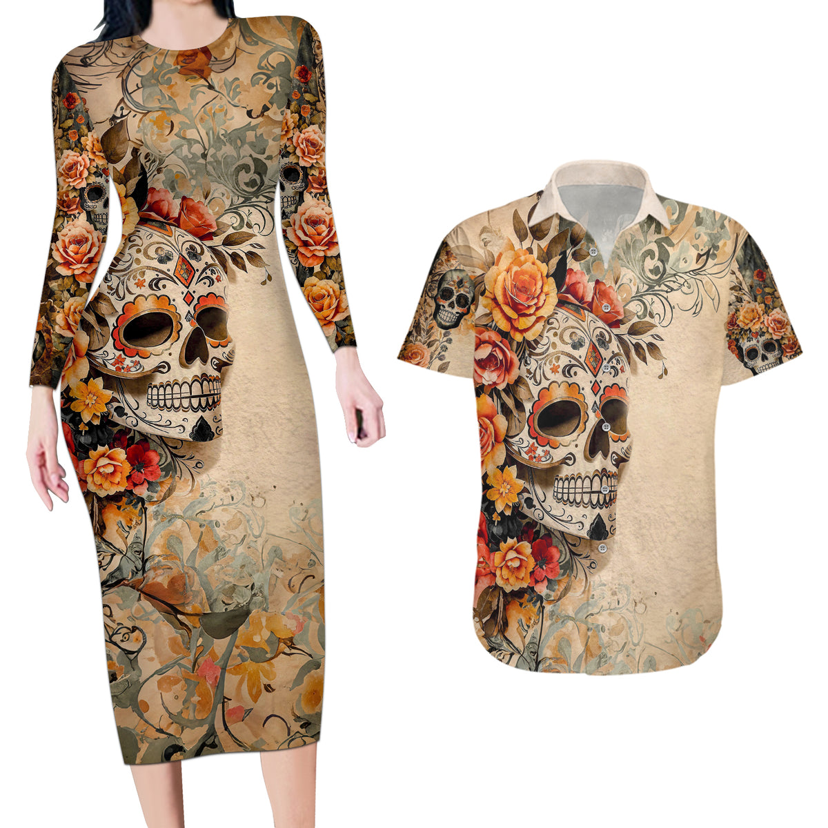 Sugar Skull Couples Matching Long Sleeve Bodycon Dress and Hawaiian Shirt Rose Sugar Skull Vintage - Wonder Print Shop