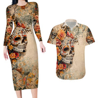 Sugar Skull Couples Matching Long Sleeve Bodycon Dress and Hawaiian Shirt Rose Sugar Skull Vintage - Wonder Print Shop
