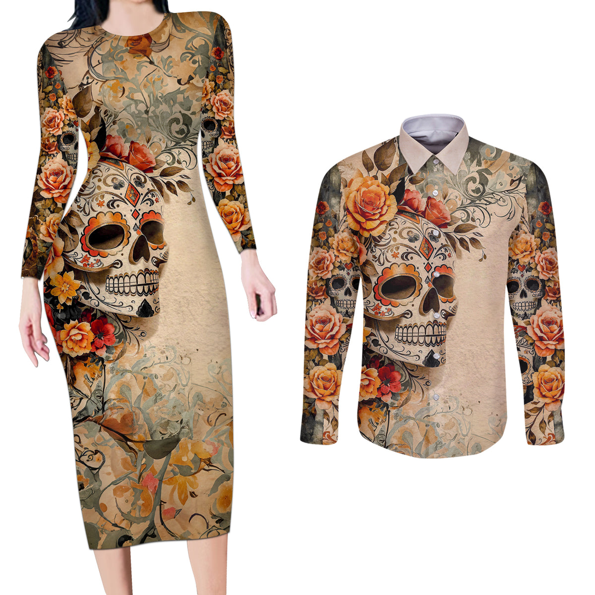 Sugar Skull Couples Matching Long Sleeve Bodycon Dress and Long Sleeve Button Shirt Rose Sugar Skull Vintage - Wonder Print Shop
