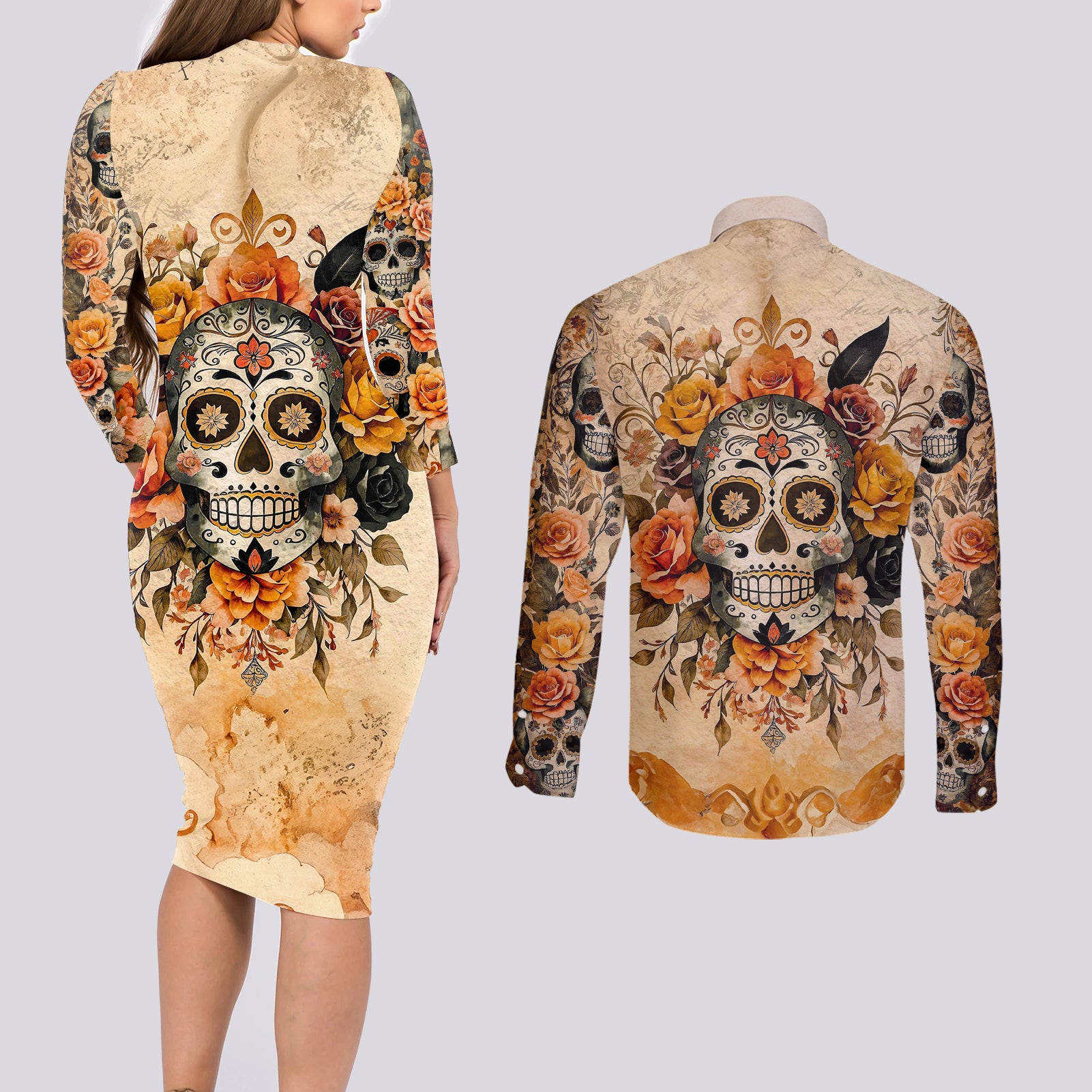 Sugar Skull Couples Matching Long Sleeve Bodycon Dress and Long Sleeve Button Shirt Rose Sugar Skull Vintage - Wonder Print Shop