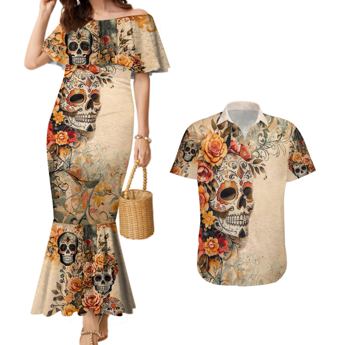 Sugar Skull Couples Matching Mermaid Dress and Hawaiian Shirt Rose Sugar Skull Vintage - Wonder Print Shop