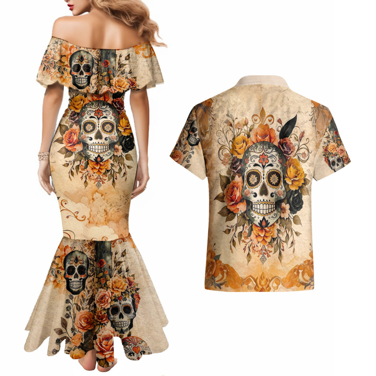 Sugar Skull Couples Matching Mermaid Dress and Hawaiian Shirt Rose Sugar Skull Vintage - Wonder Print Shop