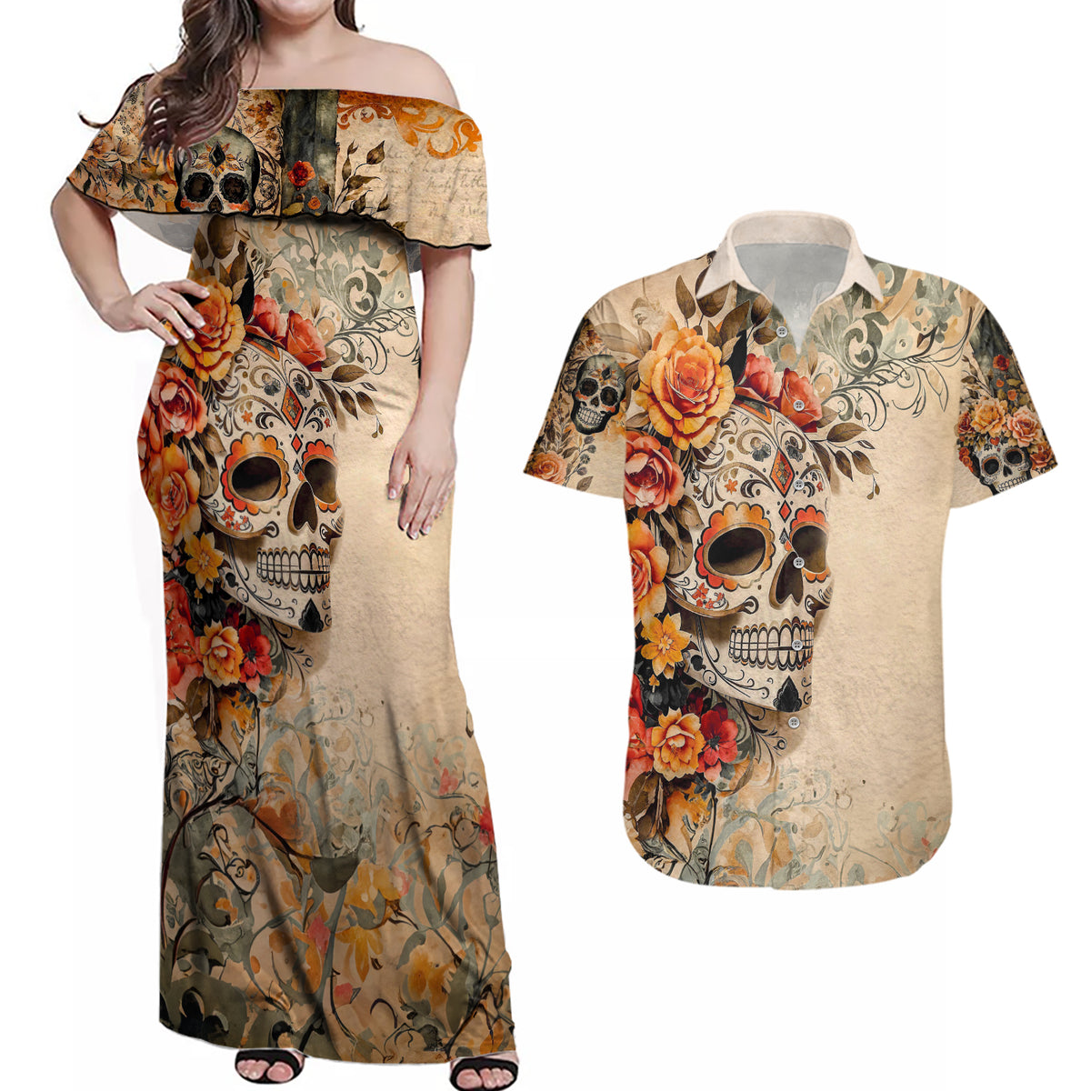 Sugar Skull Couples Matching Off Shoulder Maxi Dress and Hawaiian Shirt Rose Sugar Skull Vintage - Wonder Print Shop