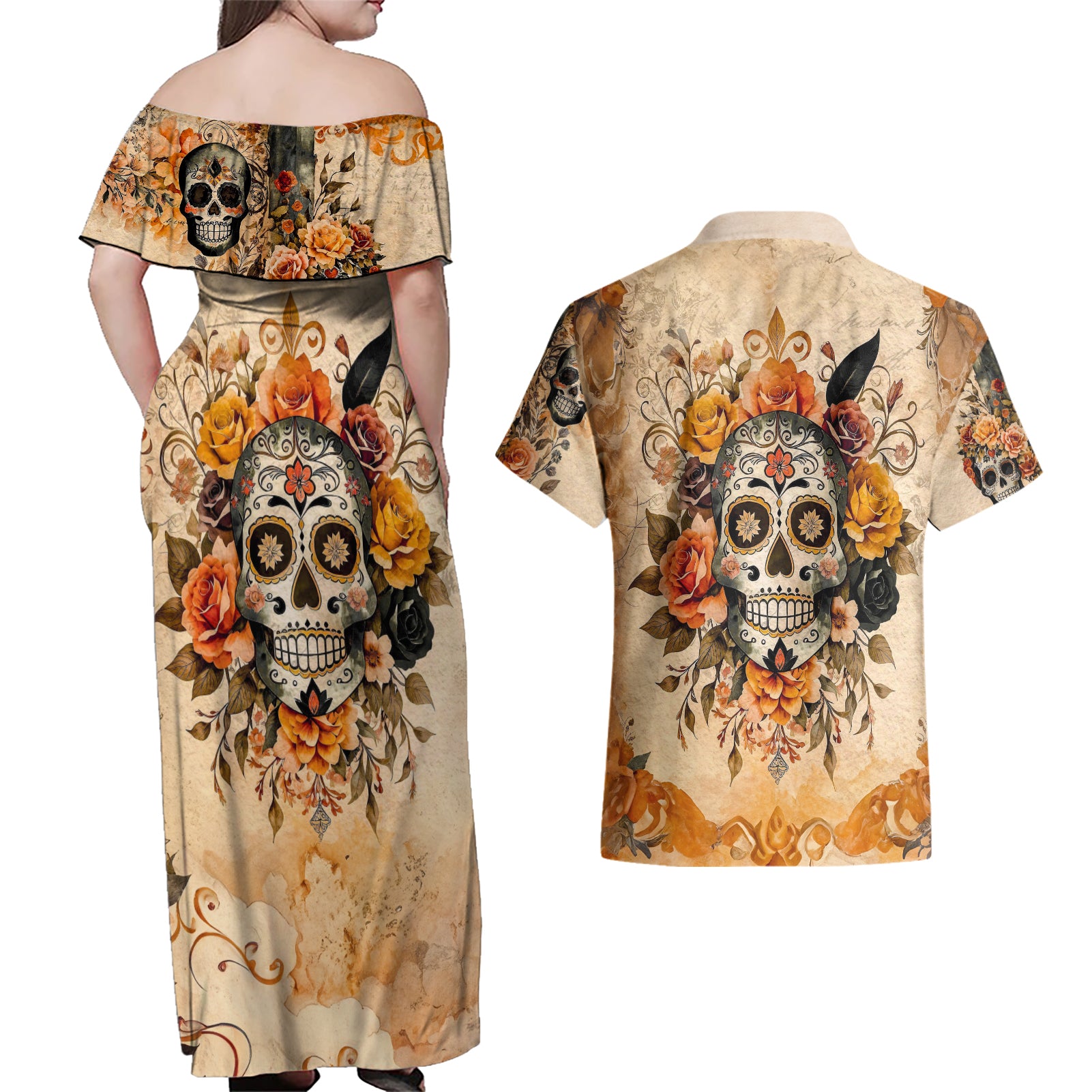Sugar Skull Couples Matching Off Shoulder Maxi Dress and Hawaiian Shirt Rose Sugar Skull Vintage - Wonder Print Shop