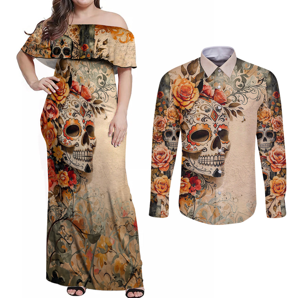 Sugar Skull Couples Matching Off Shoulder Maxi Dress and Long Sleeve Button Shirt Rose Sugar Skull Vintage - Wonder Print Shop
