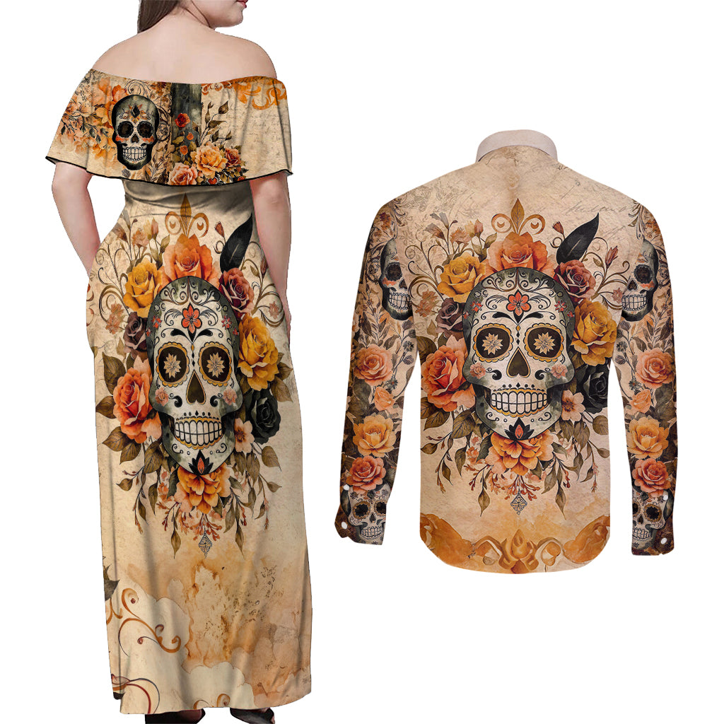 Sugar Skull Couples Matching Off Shoulder Maxi Dress and Long Sleeve Button Shirt Rose Sugar Skull Vintage - Wonder Print Shop
