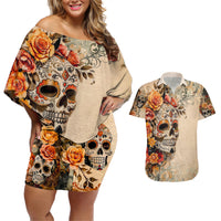 Sugar Skull Couples Matching Off Shoulder Short Dress and Hawaiian Shirt Rose Sugar Skull Vintage - Wonder Print Shop