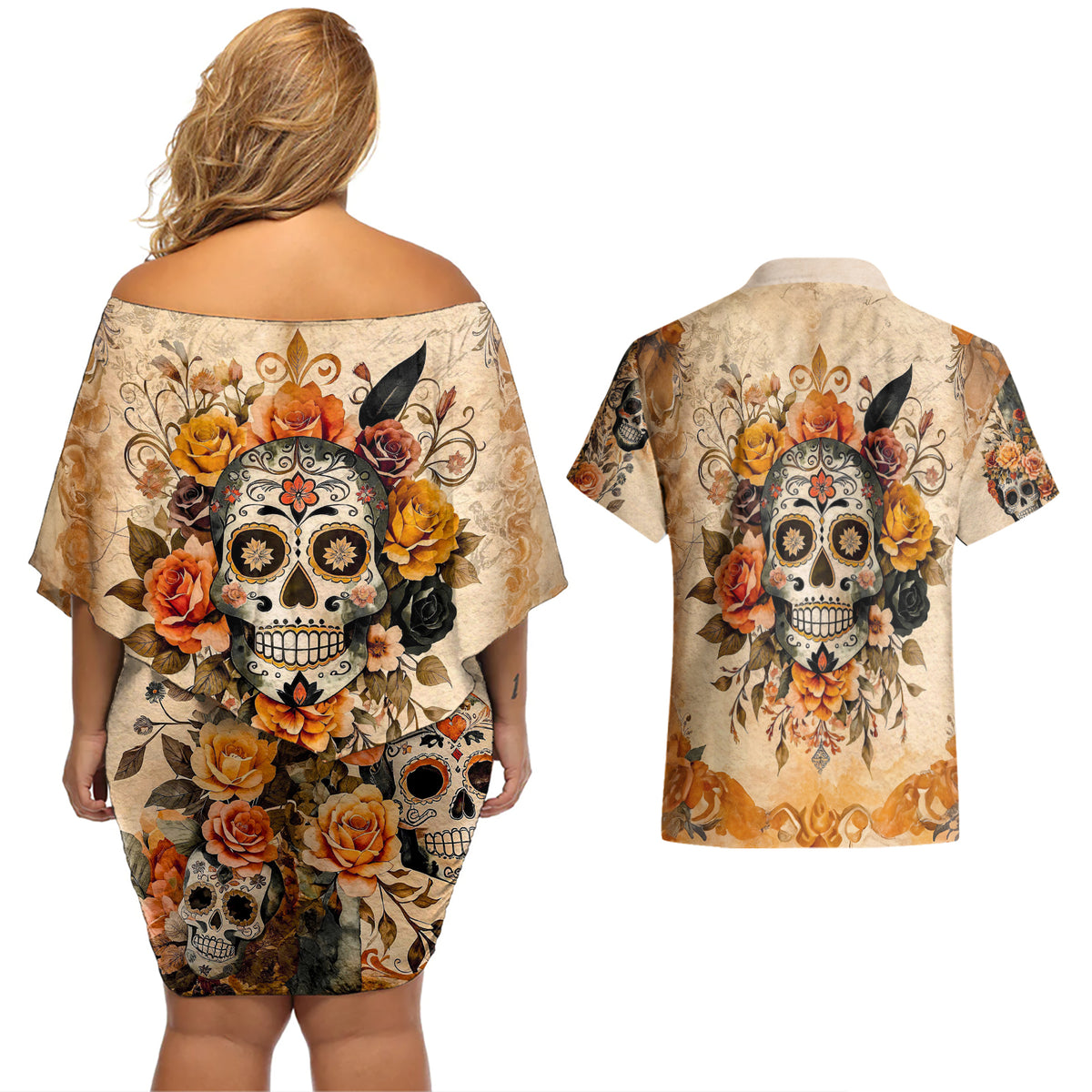 Sugar Skull Couples Matching Off Shoulder Short Dress and Hawaiian Shirt Rose Sugar Skull Vintage - Wonder Print Shop