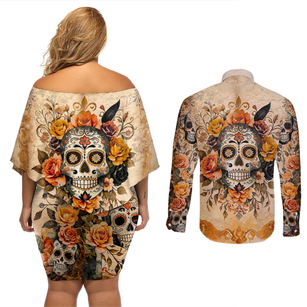 Sugar Skull Couples Matching Off Shoulder Short Dress and Long Sleeve Button Shirt Rose Sugar Skull Vintage - Wonder Print Shop