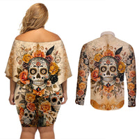 Sugar Skull Couples Matching Off Shoulder Short Dress and Long Sleeve Button Shirt Rose Sugar Skull Vintage - Wonder Print Shop