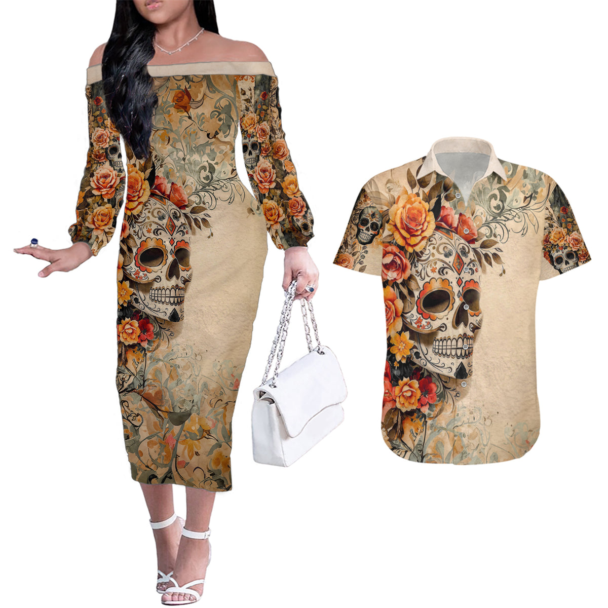 Sugar Skull Couples Matching Off The Shoulder Long Sleeve Dress and Hawaiian Shirt Rose Sugar Skull Vintage - Wonder Print Shop