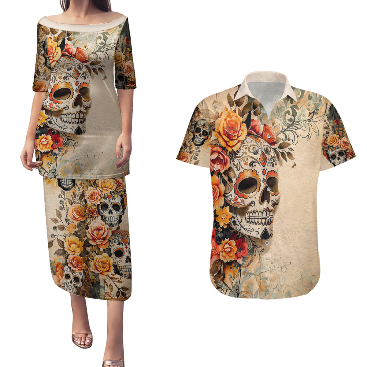 Sugar Skull Couples Matching Puletasi Dress and Hawaiian Shirt Rose Sugar Skull Vintage - Wonder Print Shop