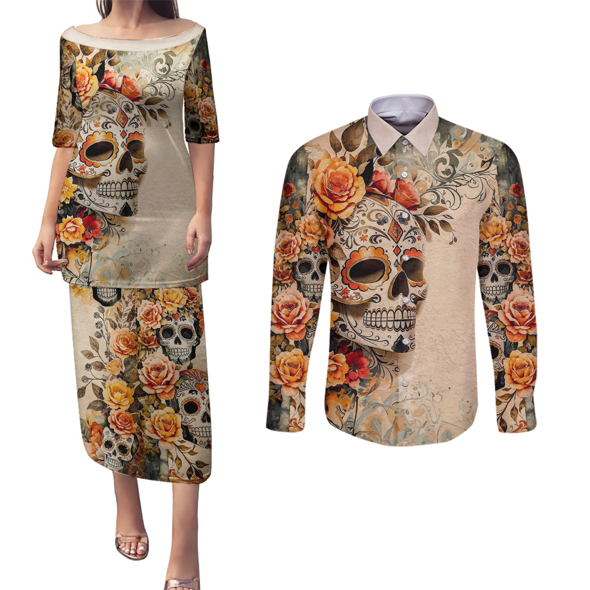 Sugar Skull Couples Matching Puletasi Dress and Long Sleeve Button Shirt Rose Sugar Skull Vintage - Wonder Print Shop