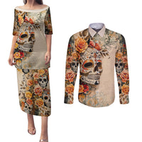 Sugar Skull Couples Matching Puletasi Dress and Long Sleeve Button Shirt Rose Sugar Skull Vintage - Wonder Print Shop